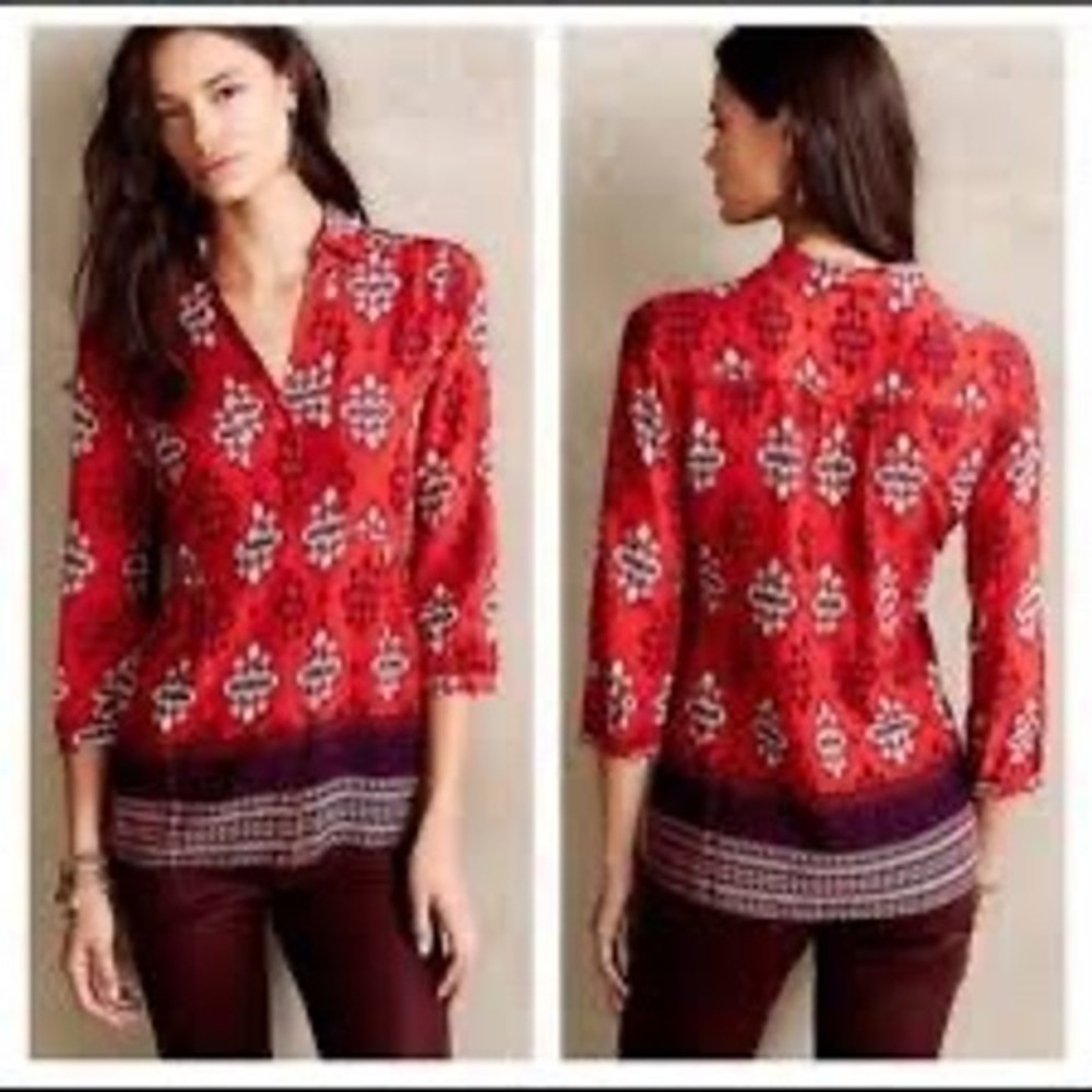 Maeve Anthropologie Tunic Top Blouse Button Down Geometric Print Red Size 4